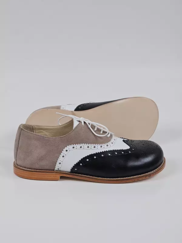 Barefoot Brogue Black & White Leather & Soft Grey Suede 1 cm heel
