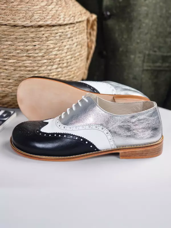 Barefoot Brogue Black & White & Silver Leather 2cm heel