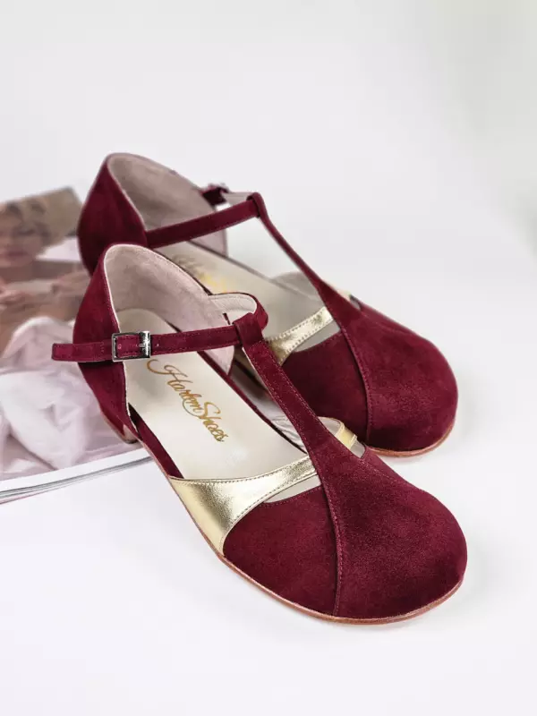 Barefoot Isabel Bordeaux Suede & Gold Leather 4 cm heel