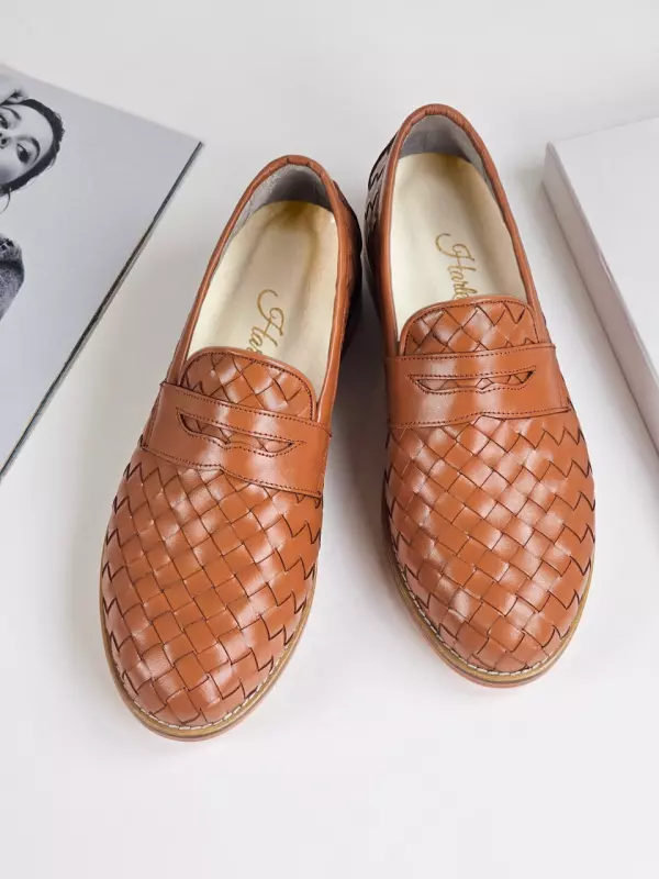 Loafers Light Brown Weave Leather 2 cm heel