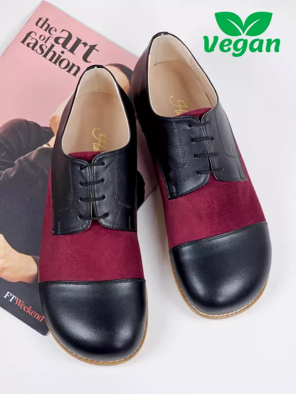 Barefoot California Vegan Black Leather & Bordeaux Textile 2 cm heel