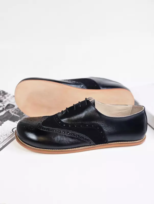 Barefoot Brogue Black Leather & Suede Zero Drop