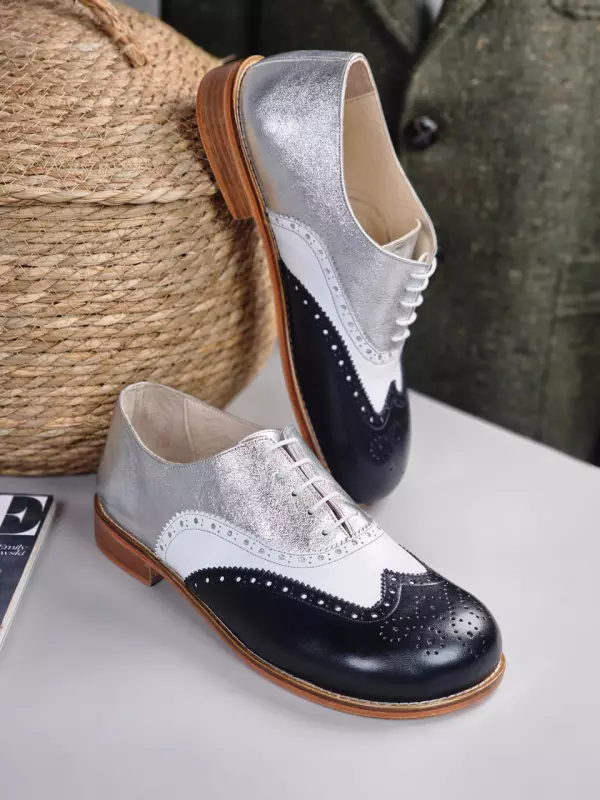 Barefoot Brogue Black & White & Silver Leather 2cm heel