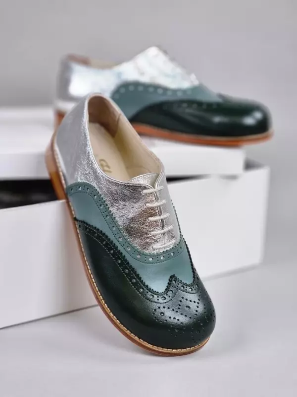 Barefoot Brogue Jungle Green & Teal Green & Silver leather 2 cm heel
