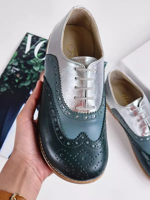 Barefoot Brogue Jungle Green & Teal Green & Silver leather 1 cm heel