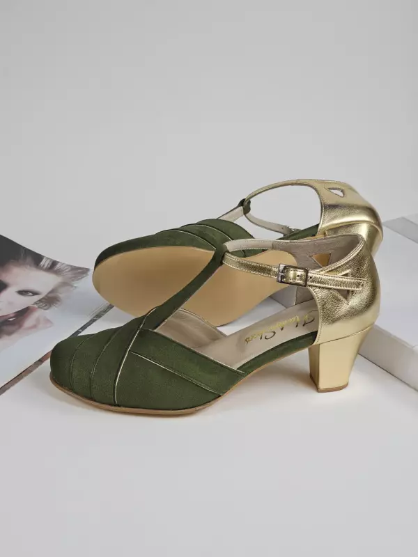 Green Textile & Gold Leather 6 cm Balboa heels