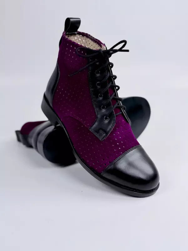 Derby Boots Perforated Purple Suede & Black Leather 2 cm heel