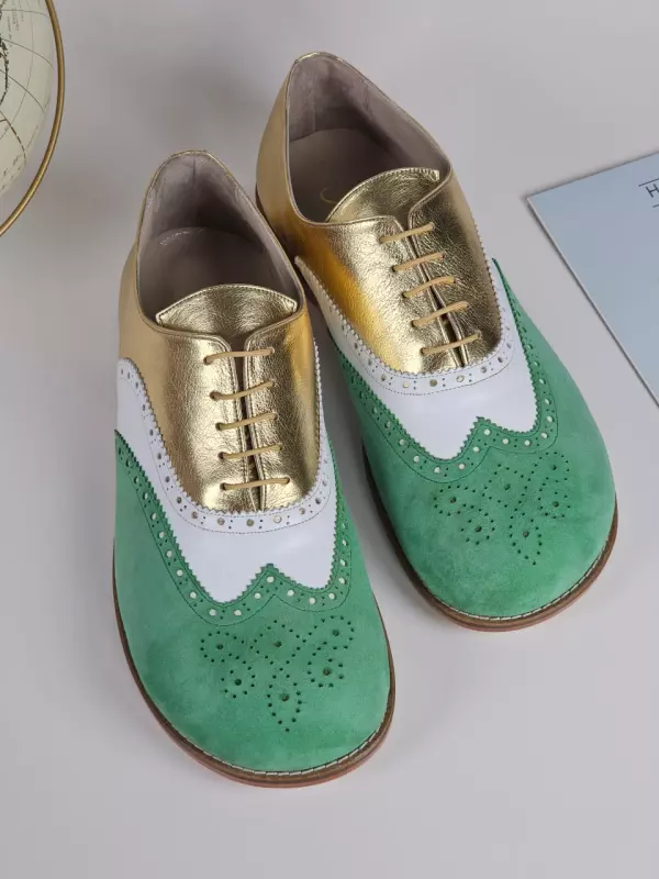 Barefoot Brogue Mint Green Suede & White & Gold Leathe 1cm heel