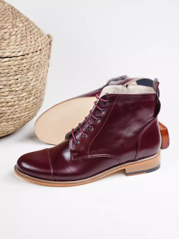 Derby Boots with Zipper Bordeaux Leather 2 cm heel