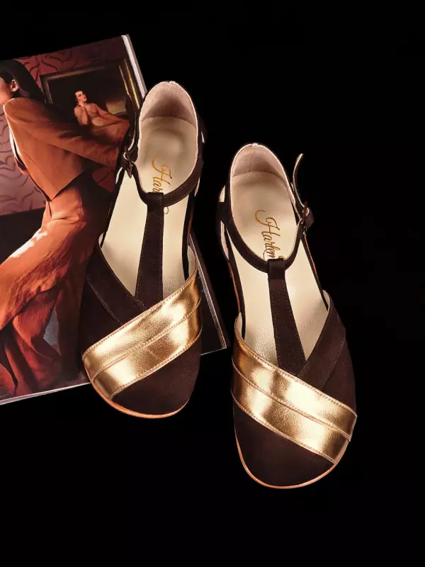 Barefoot Sugar Dark Chocolate Suede & Rose Gold Lines 2 cm heel