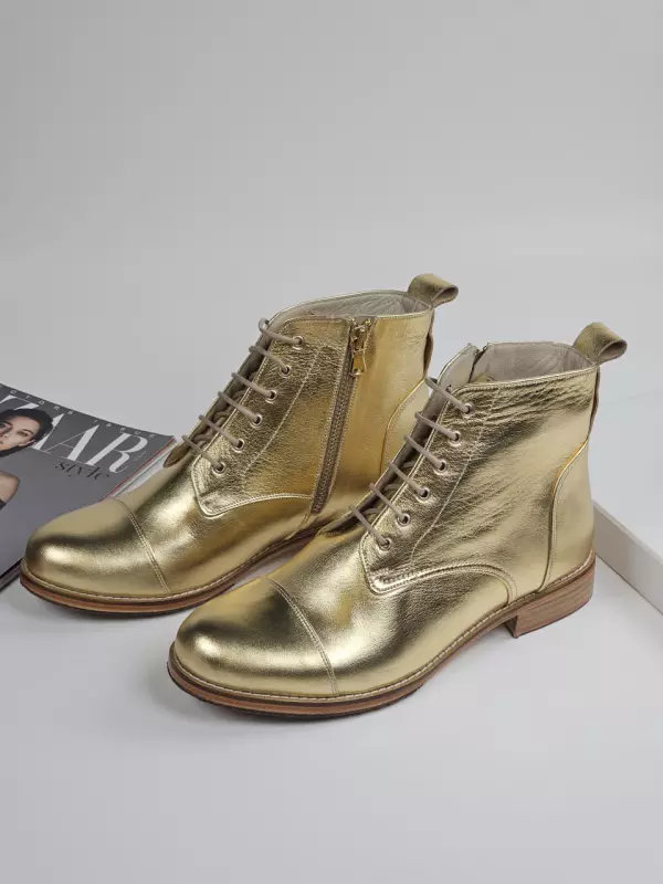 Derby Boots with Zipper Gold Leather 2 cm heel