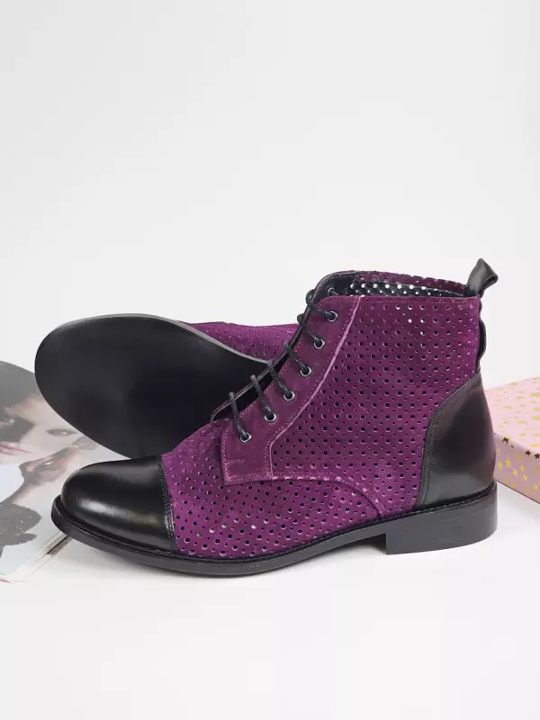 Derby Boots Perforated Purple Suede & Black Leather 2 cm heel