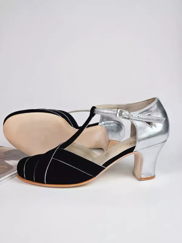 Black Suede & Silver Leather with Silver Lines 6 cm heel