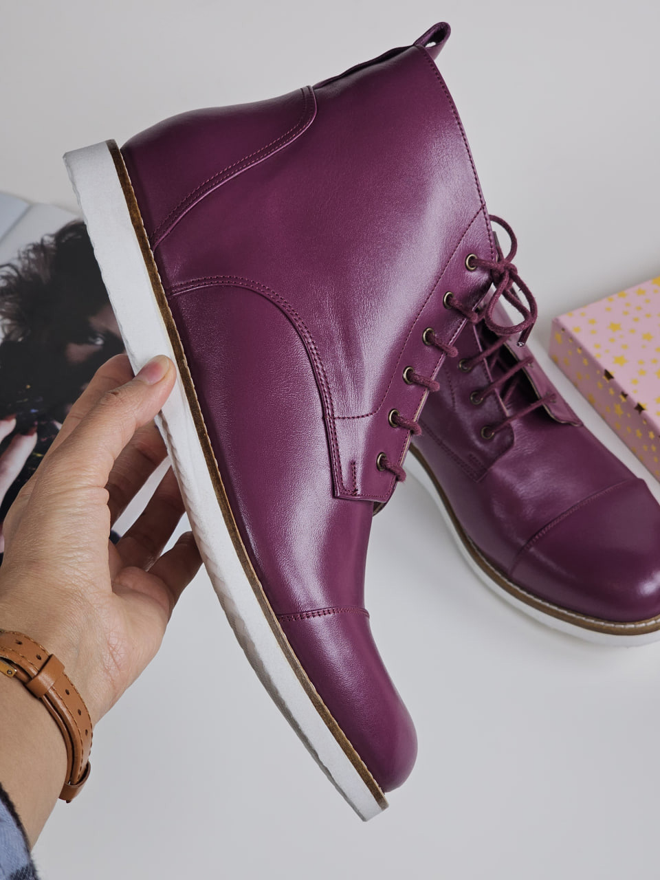 Derby Boots Aubergine Leather with Eva Sole