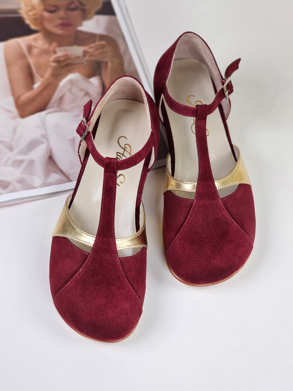 Barefoot Isabel Bordeaux Suede & Gold Leather 4 cm heel