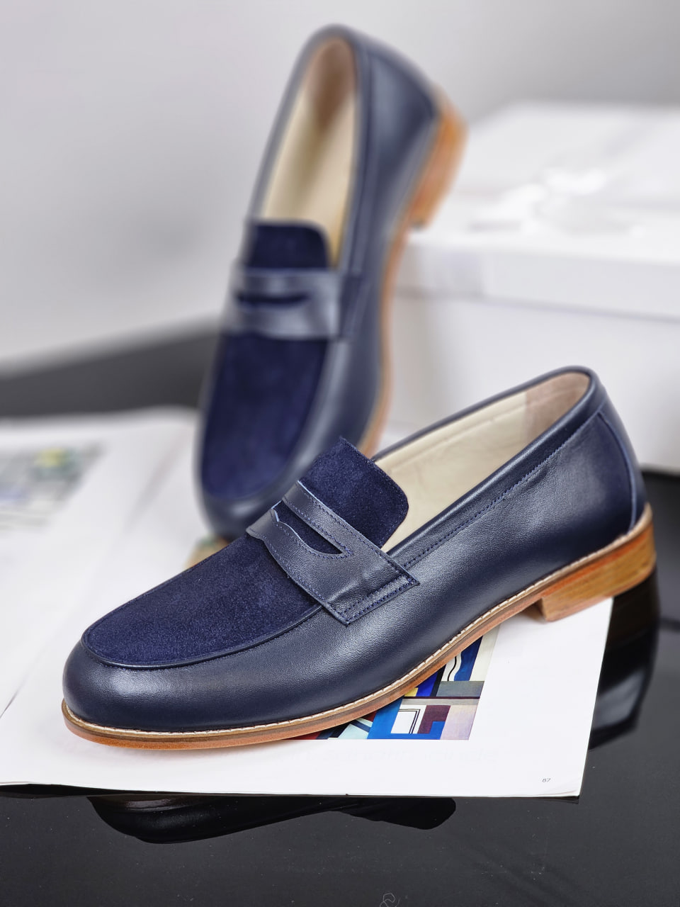 Loafers Dark Blue Leather & Suede 2 cm heel