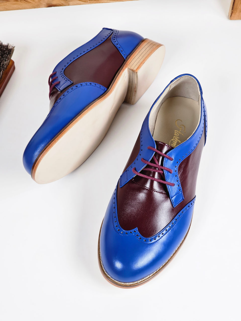 Women Oxfords Blue & Bordeaux Leather 2 cm heel