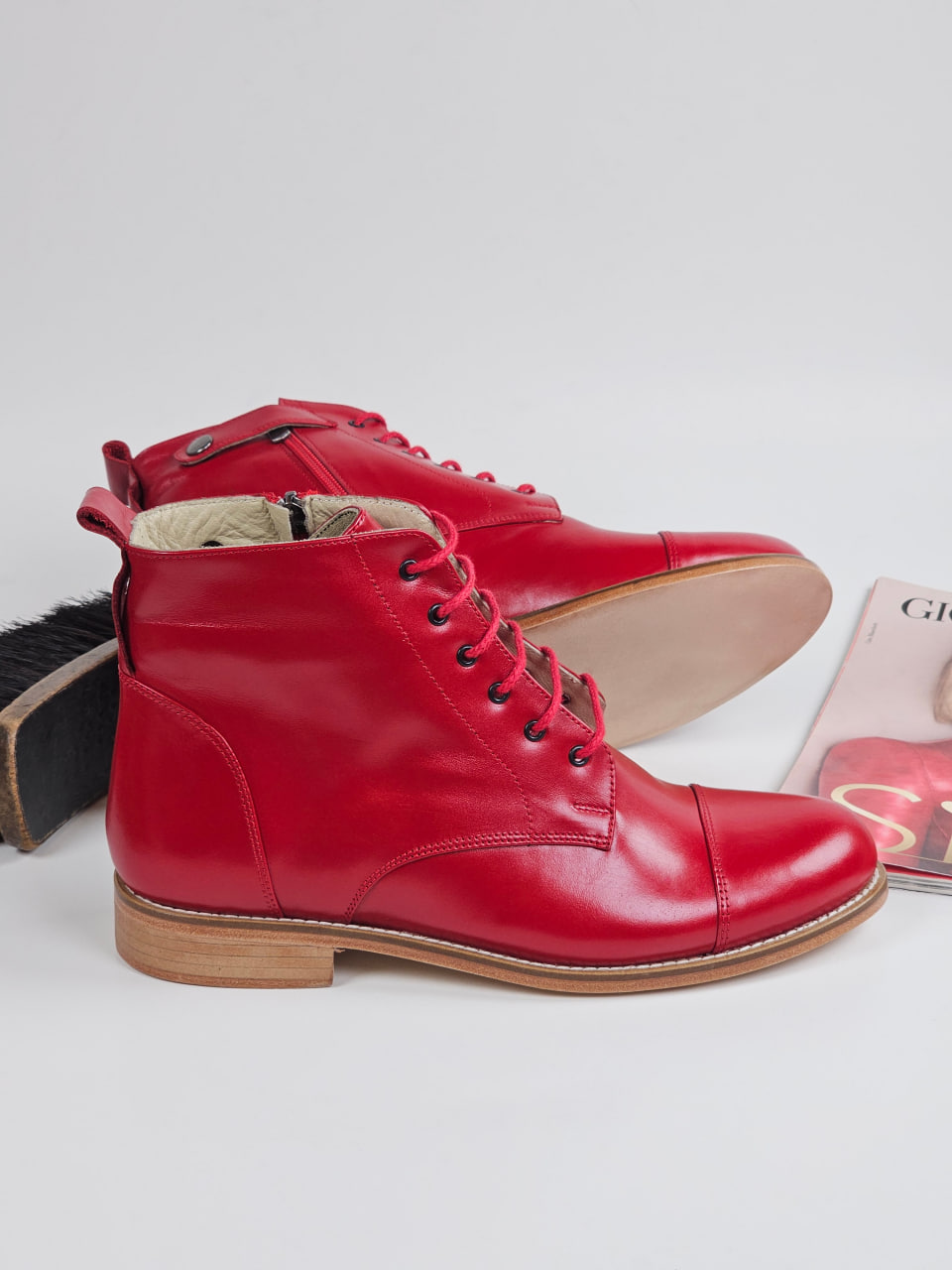 Derby Boots with Zipper Red Leather 2 cm heel