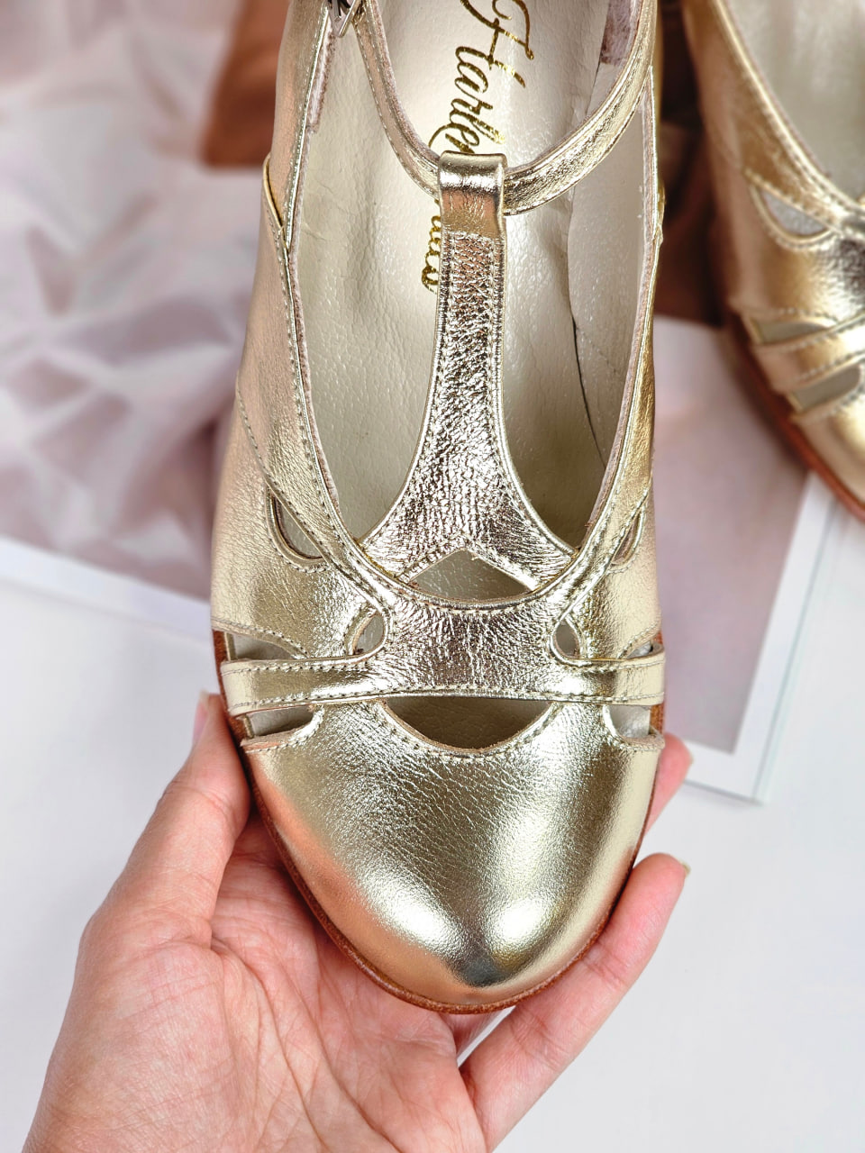 Spring Platinum Gold Leather 6 cm Balboa heel