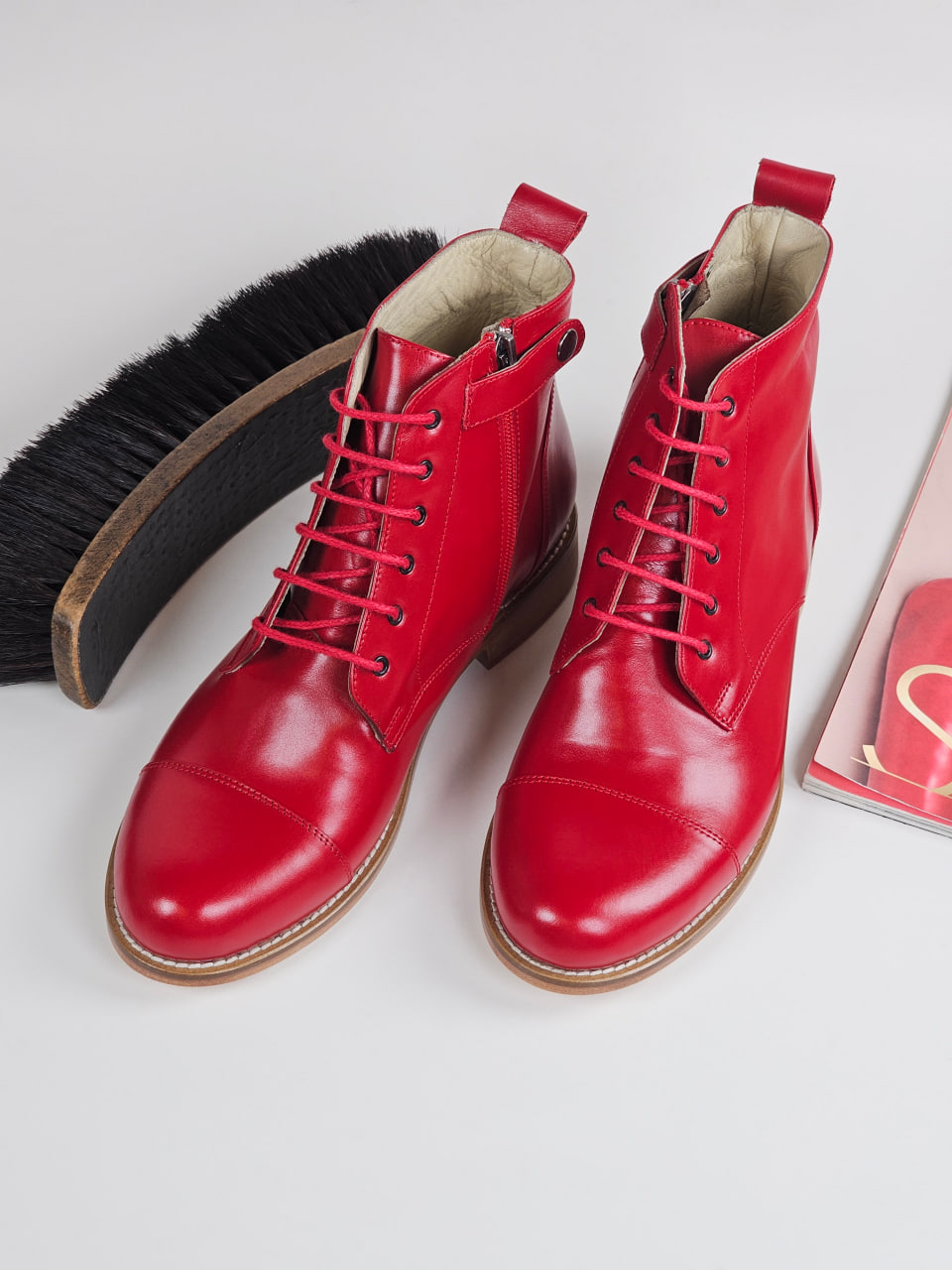Derby Boots with Zipper Red Leather 2 cm heel