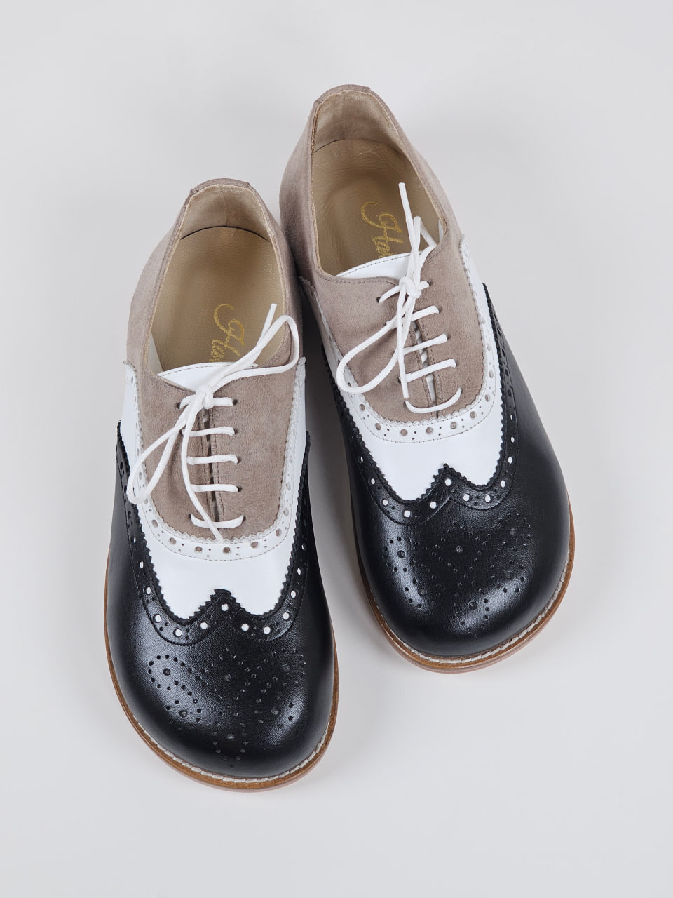 Barefoot Brogue Black & White Leather & Soft Grey Suede 1 cm heel