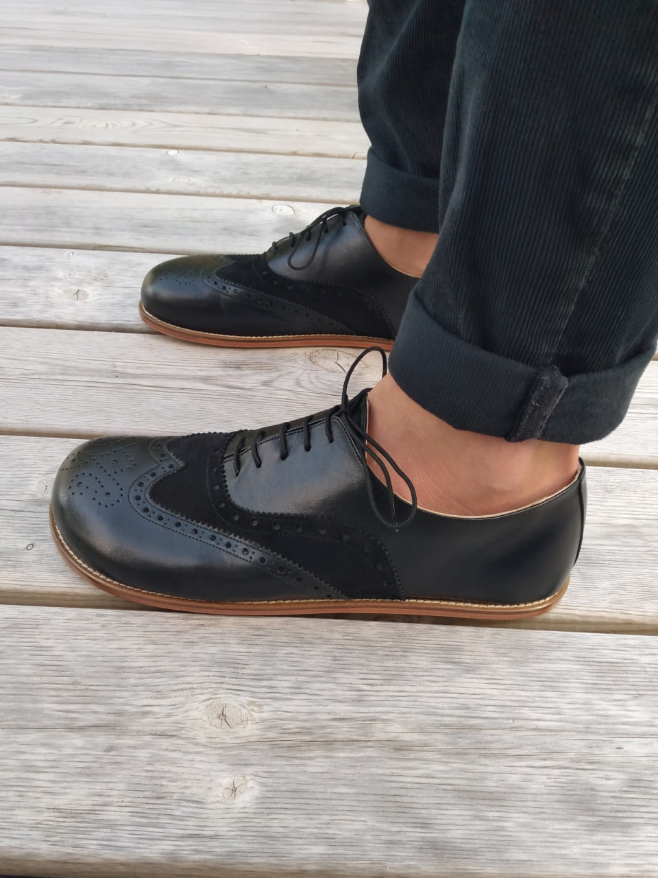 Barefoot Brogue Black Leather & Suede Zero Drop