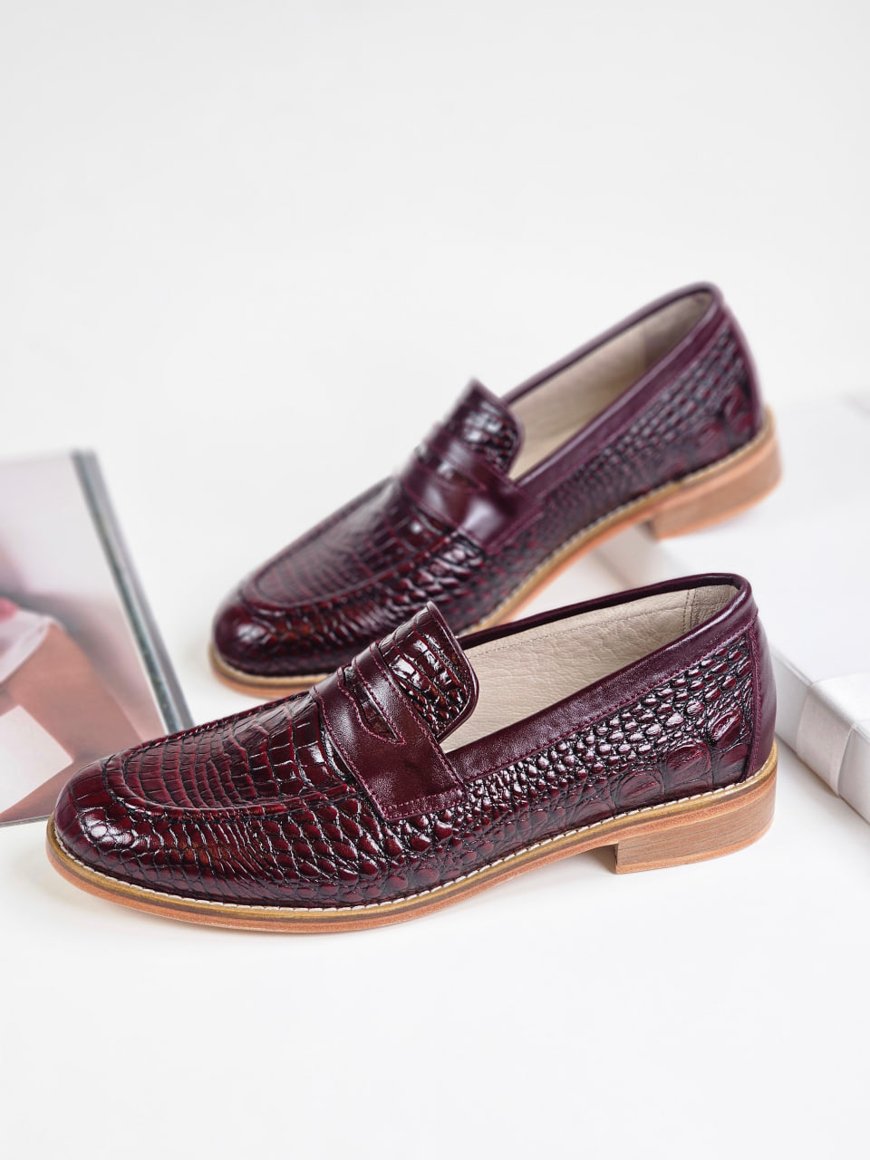 Loafers Bordeaux Crocodile-Printed Leather 2 cm heel