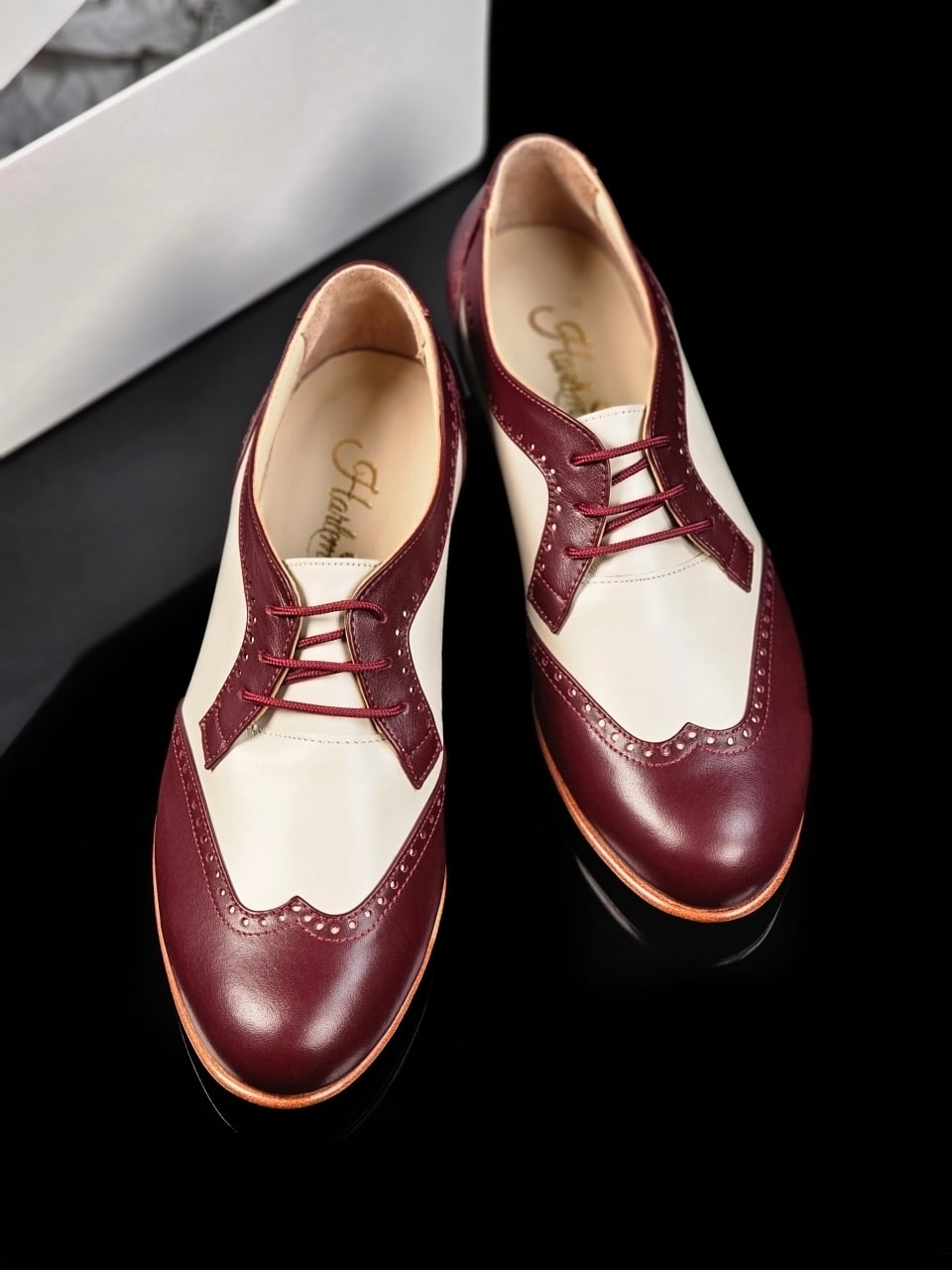 Women Oxfords Bordeaux & Beige Leather 4 cm covered heel