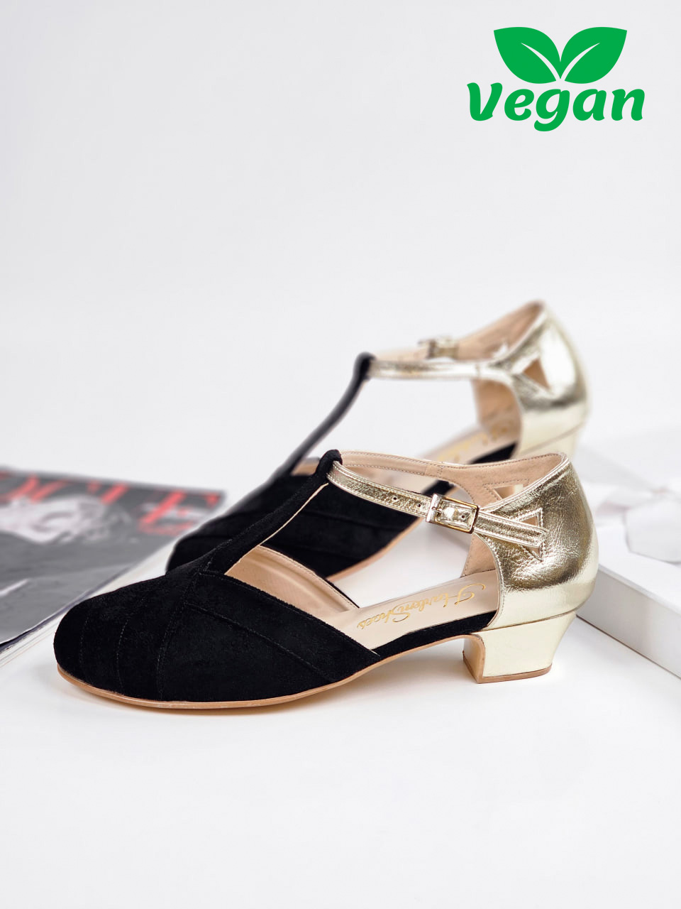 Sugar Vegan Black Suede & Platinum Gold Leather 4 cm heel