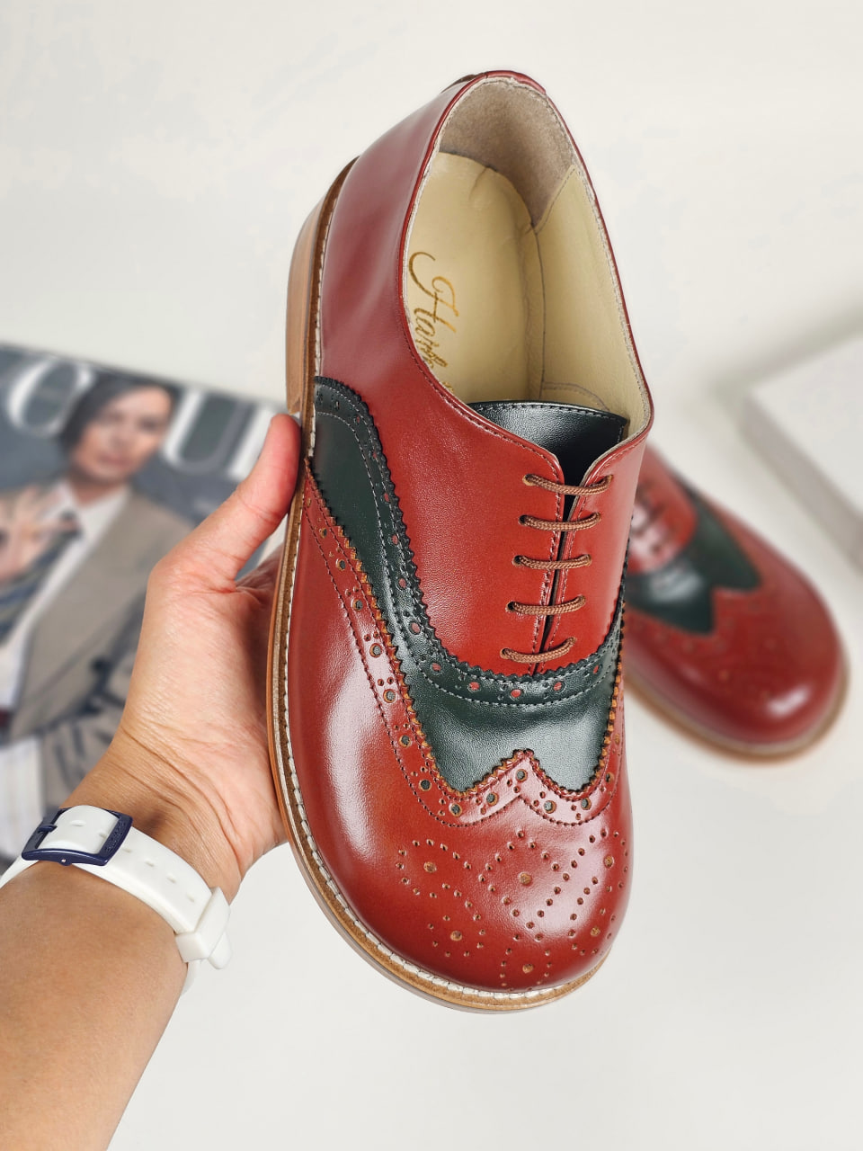 Barefoot Brogue Brown & Jungle Green Leather 2 cm heel