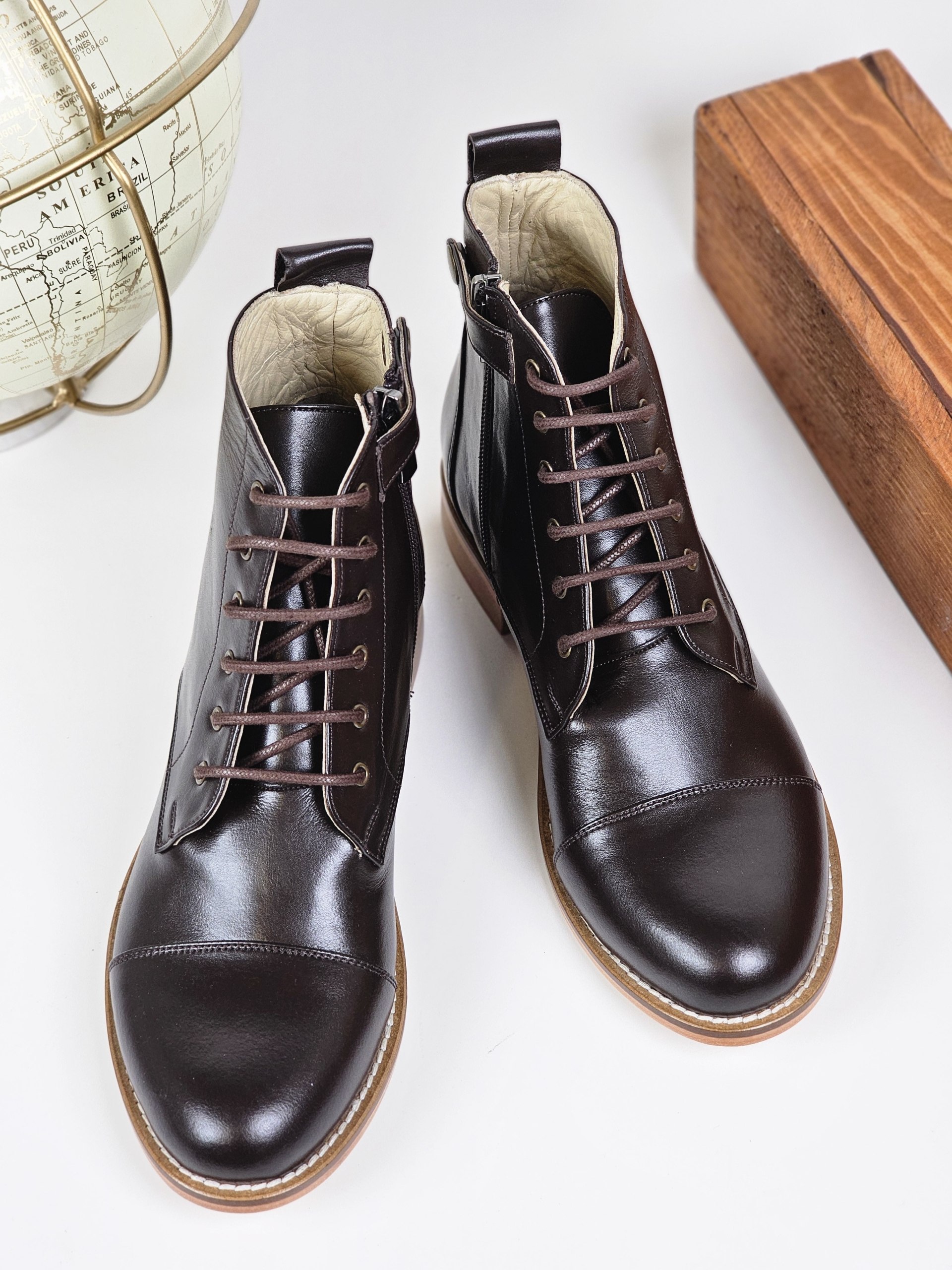 Derby Boots with Zipper Dark Chocolate Leather 2 cm heel