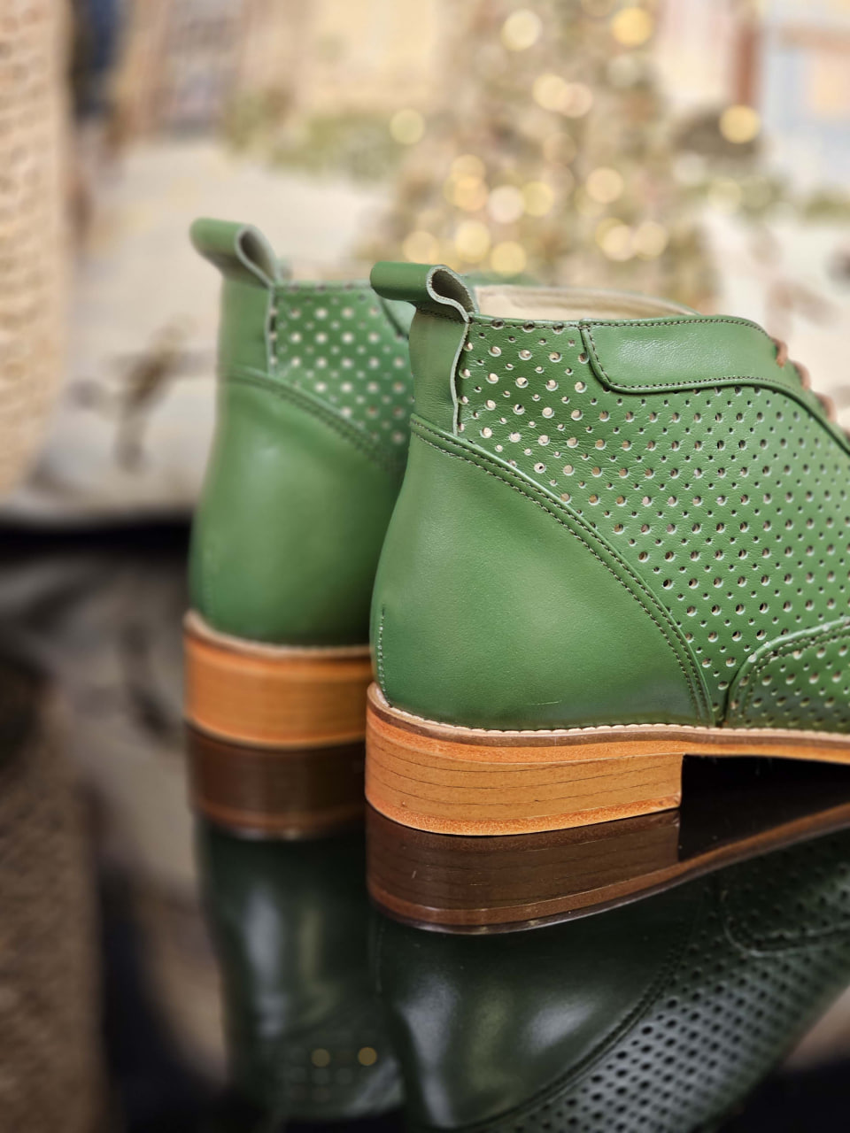Smooth Boots Perforated Avocado Green Leather 2 cm heel
