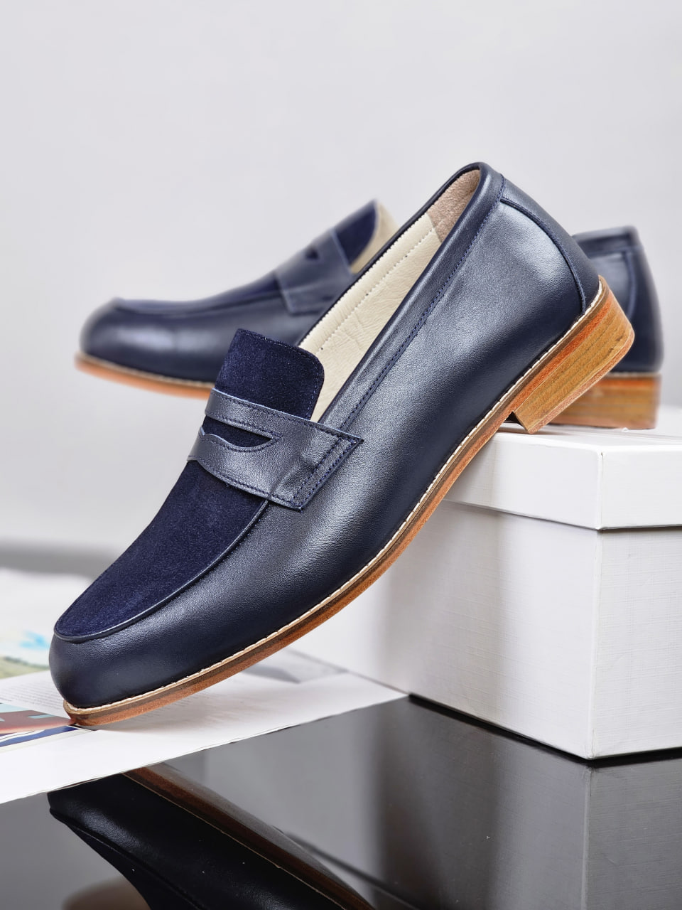 Loafers Dark Blue Leather & Suede 2 cm heel