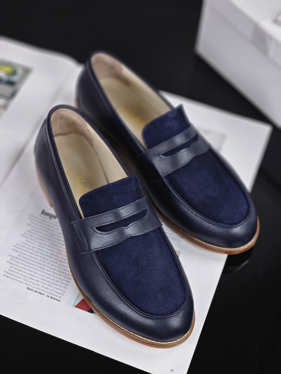 Loafers Dark Blue Leather & Suede 2 cm heel