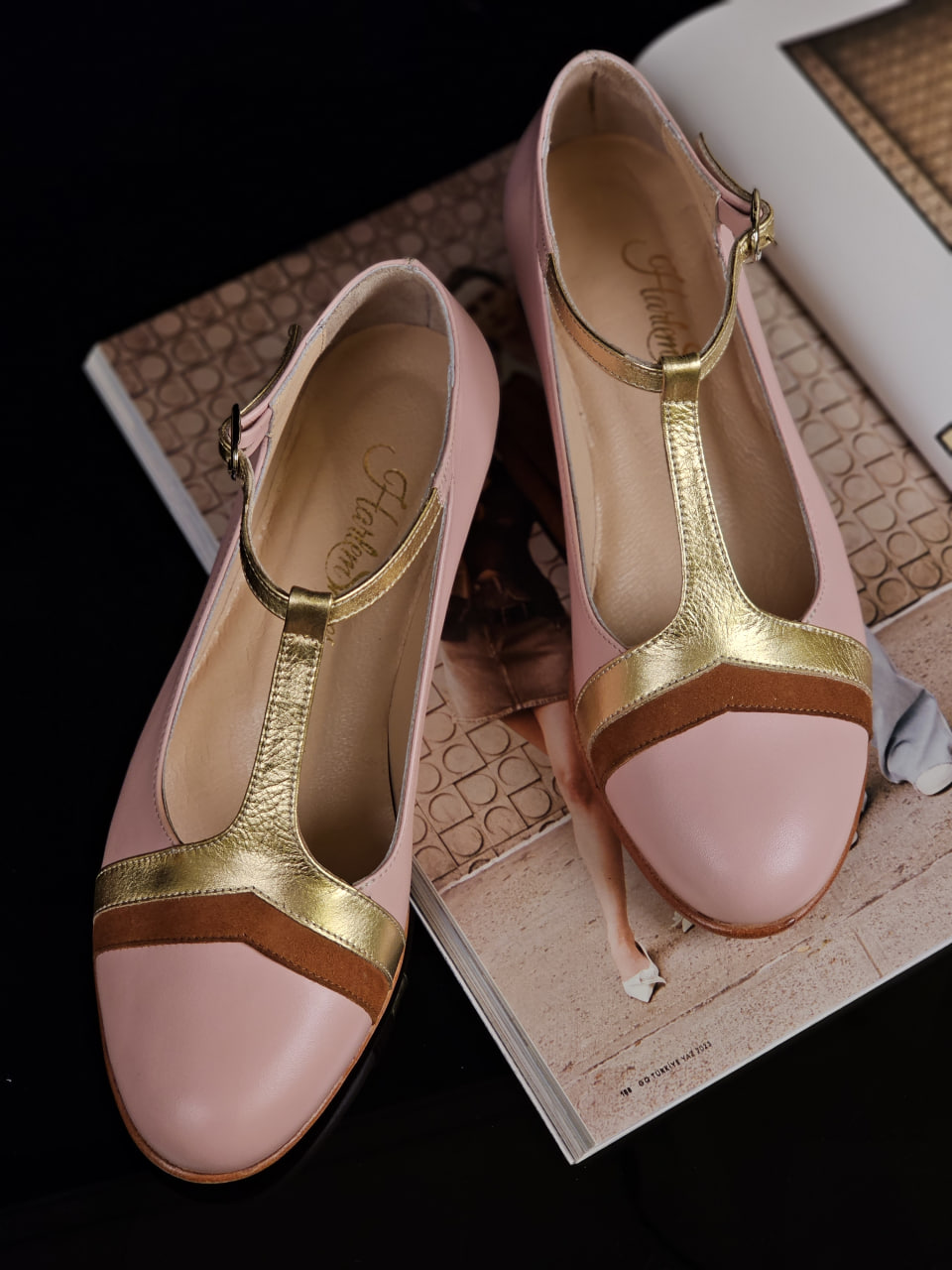 Barbie Pink & Gold Leather & Caramel Suede 3 cm heel