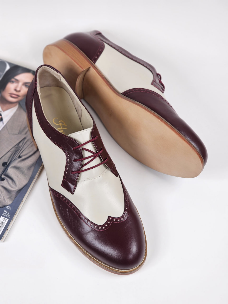Oxfords Bordeaux & Beige Leather 2 cm  heel