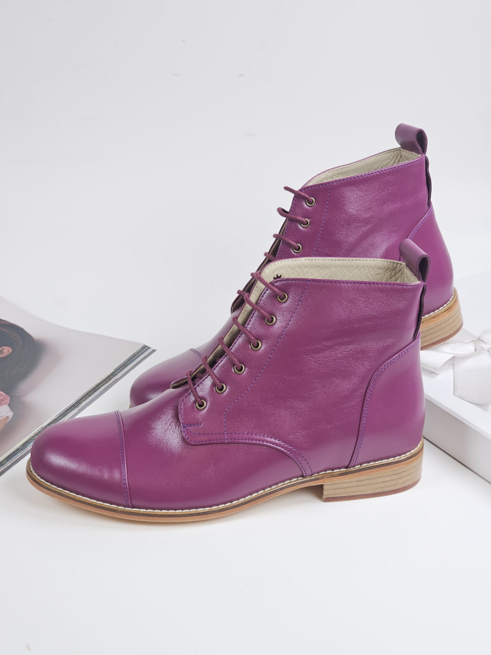 Derby Boots Aubergine Leather 2 cm heel