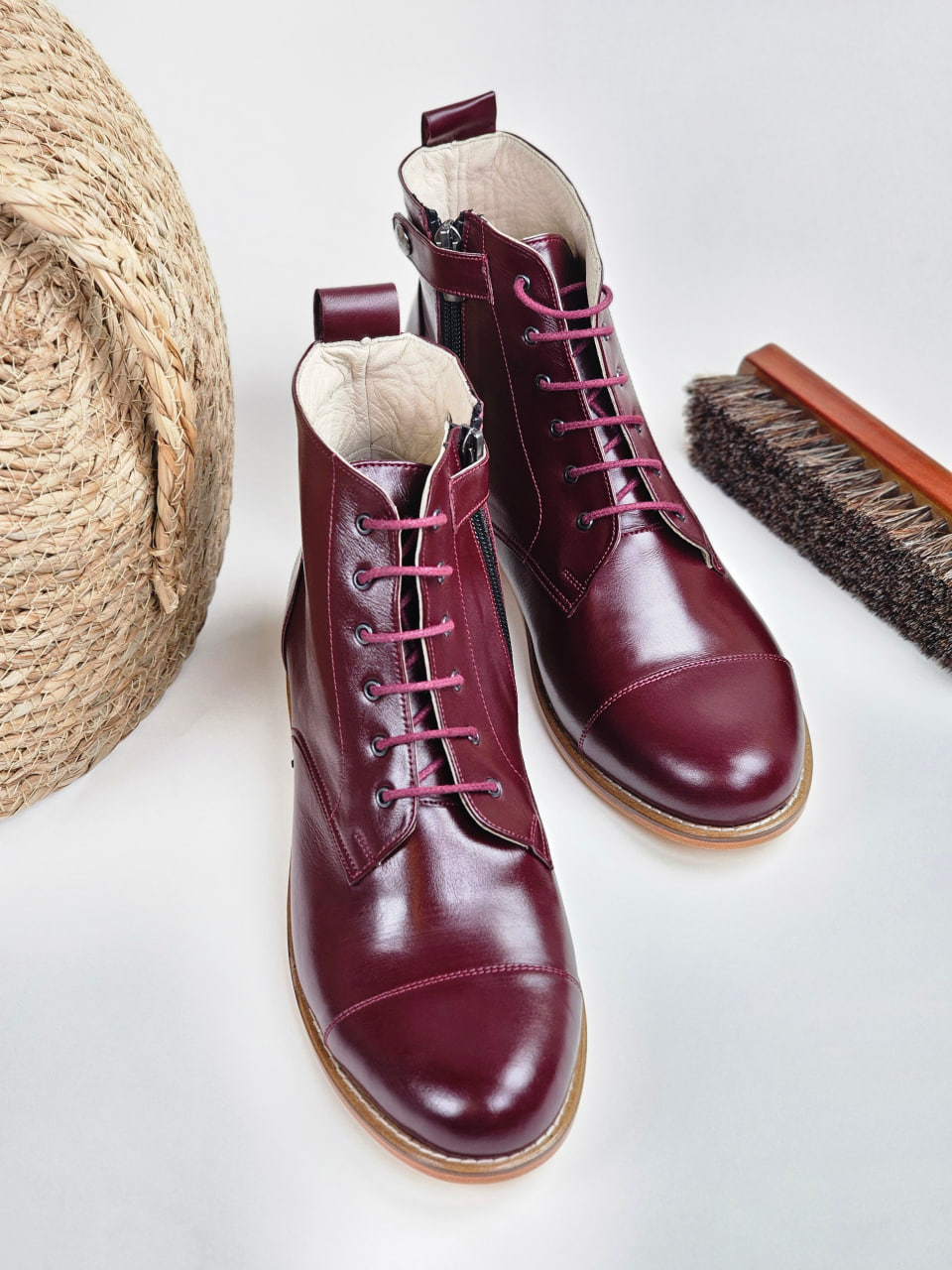 Derby Boots with Zipper Bordeaux Leather 2 cm heel