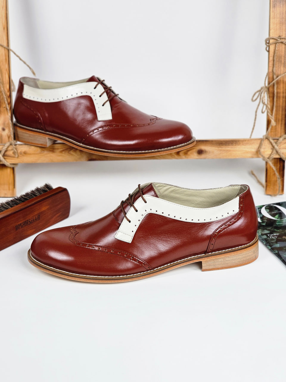 Men Oxfords Brown Leather & Broken White Line 2 cm heel