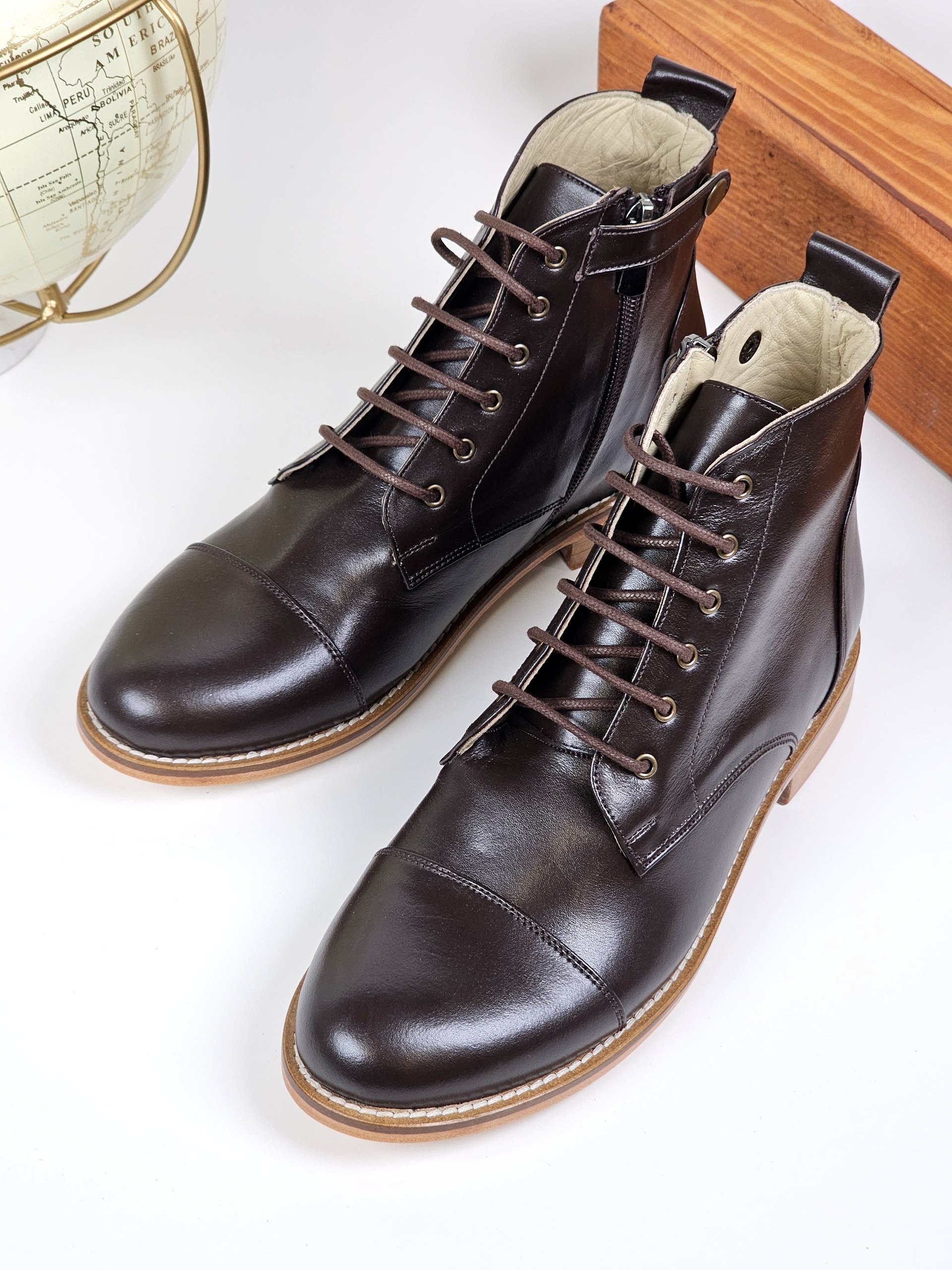Derby Boots with Zipper Dark Chocolate Leather 2 cm heel