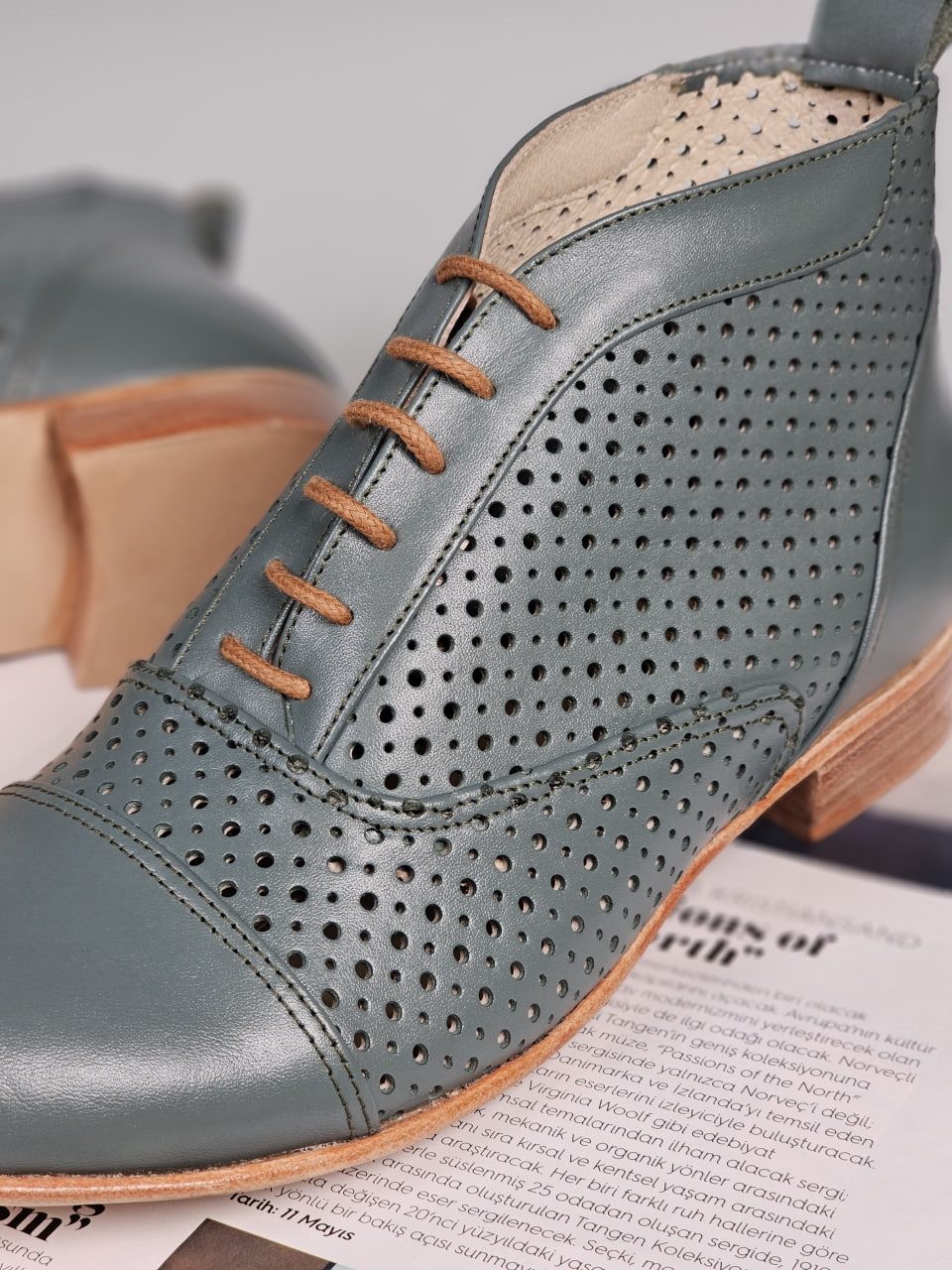 Smooth Boots Perforated Teal Green Leather 2 cm heel