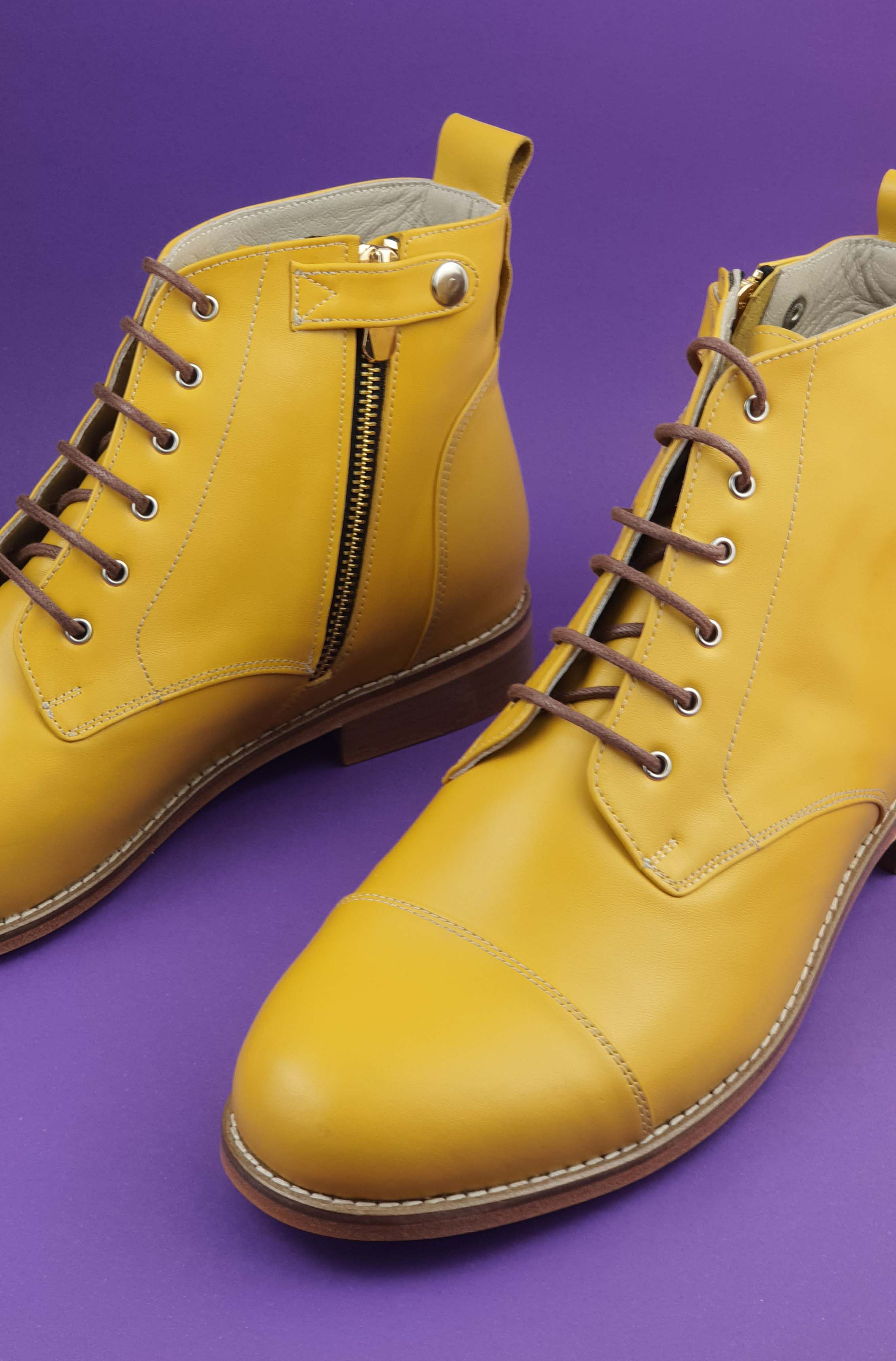 Derby Boots with Zipper Yellow Leather 2 cm heel