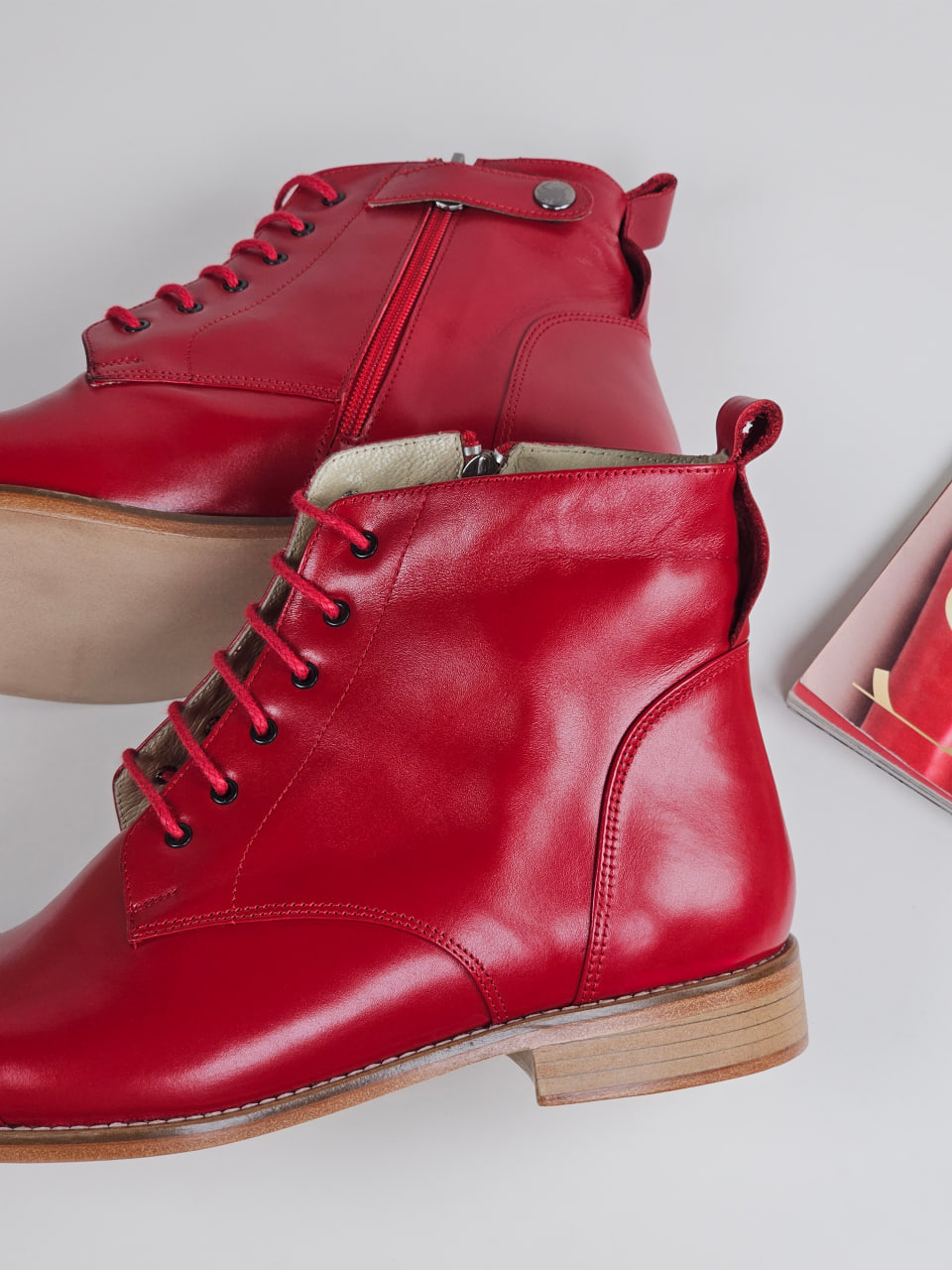 Derby Boots with Zipper Red Leather 2 cm heel
