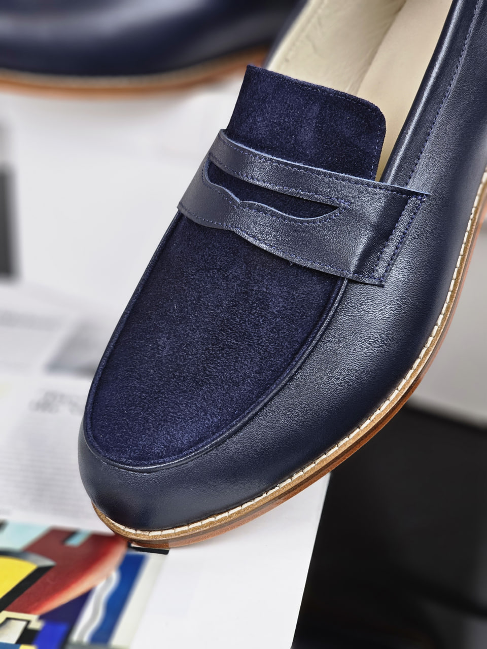 Loafers Dark Blue Leather & Suede 2 cm heel