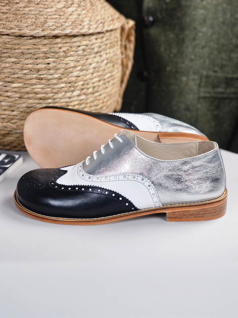 Barefoot Brogue Black & White & Silver Leather 2cm heel