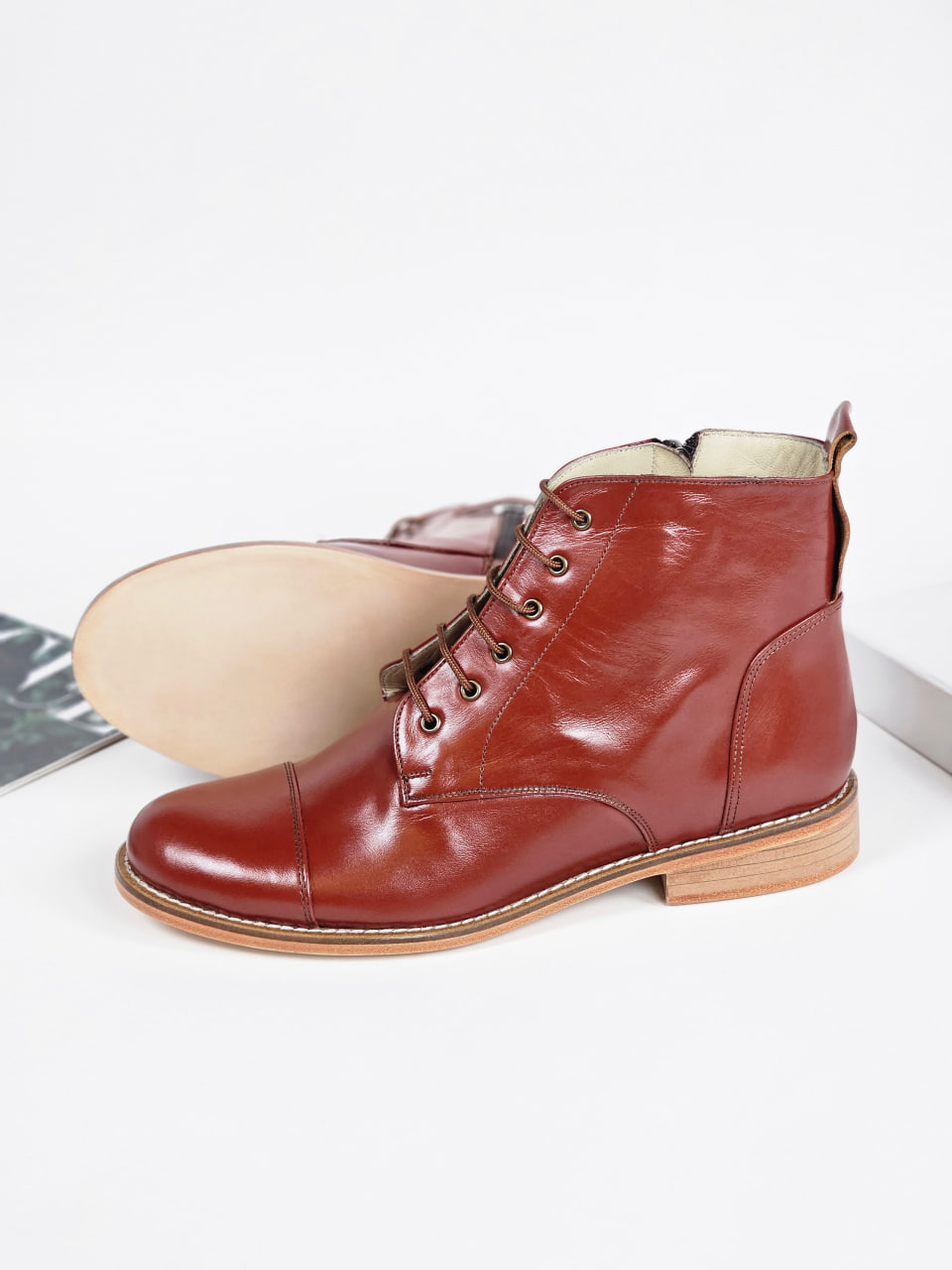 Derby Boots with Zipper Brown Leather 2 cm heel