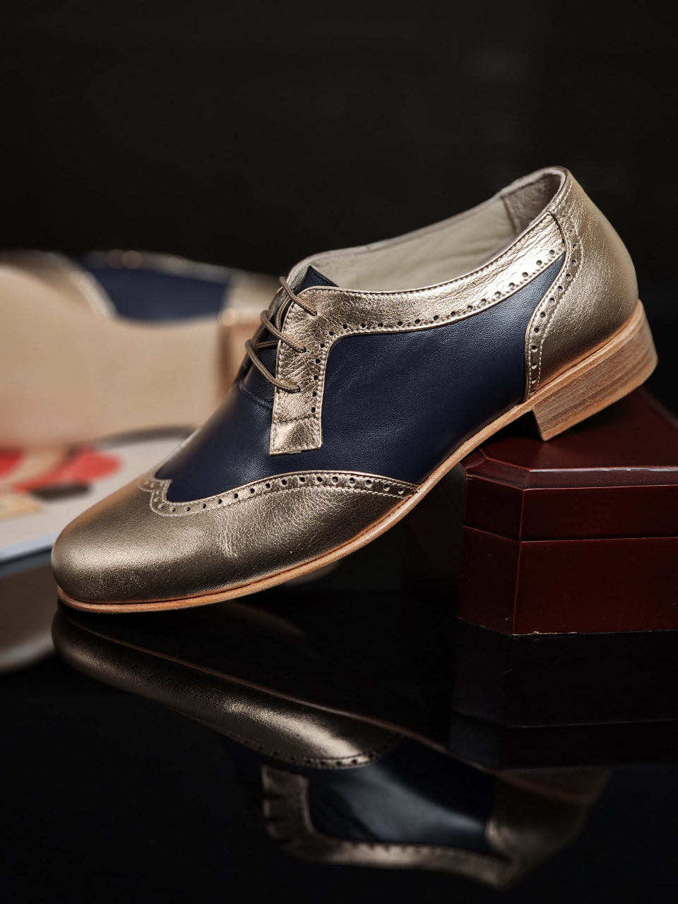 Women Oxfords Rose Gold & Dark Blue Leather 2 cm heel