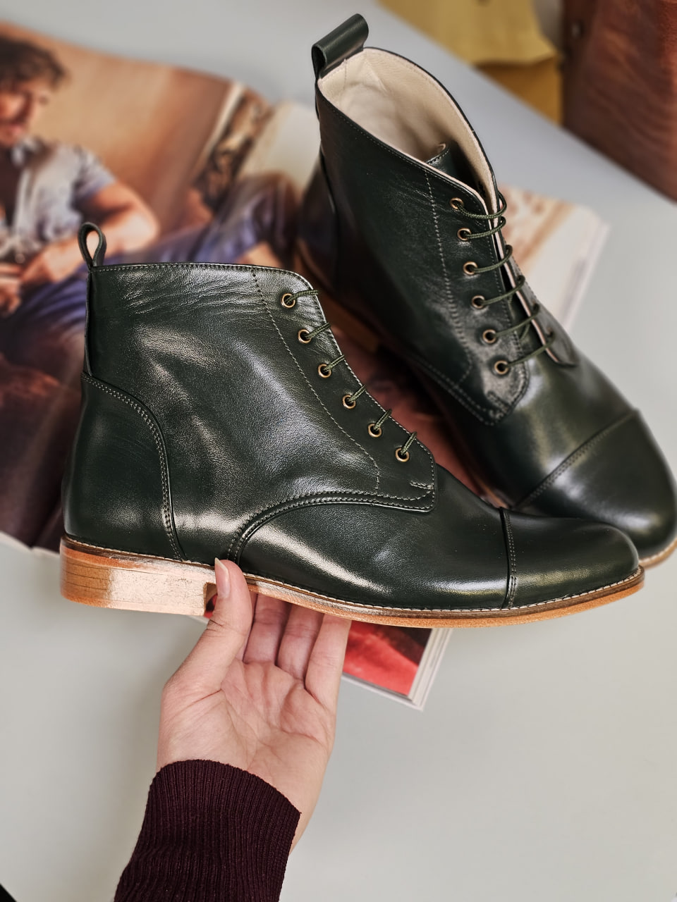 Derby Boots Jungle Green Leather 2 cm heel