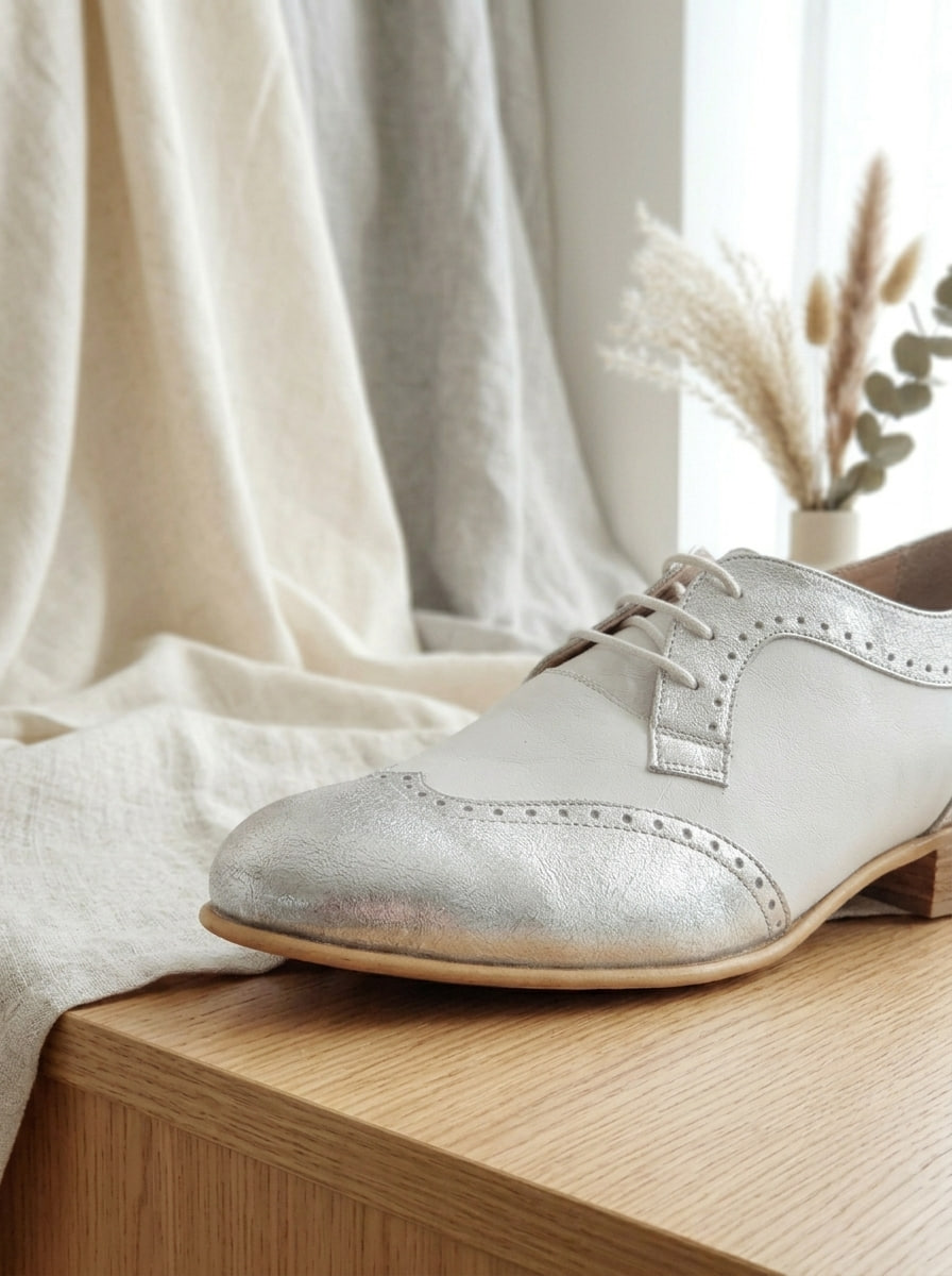 Women Oxfords Silver & White Leather 2 cm heel