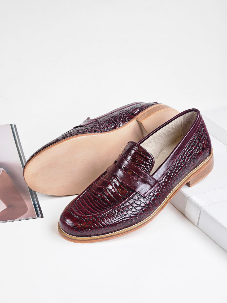 Loafers Bordeaux Crocodile-Printed Leather 2 cm heel